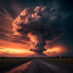 Devastating nuclear blast rips through plains, spawning ominous mushroom cloud.