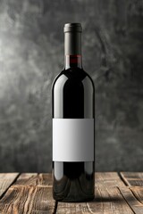 Fototapeta premium Single Bottle of Red Wine With Blank Label on Wooden Tabletop