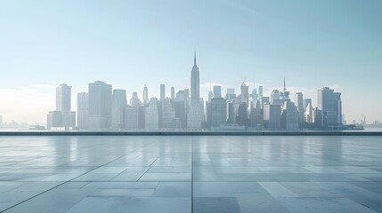 Fototapeta premium White background with large square empty floor in front of the city skyline of newyork during daytime, clear sky, blue and grey tones, city center architecture.