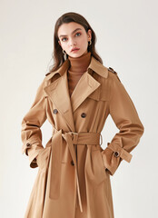 Girl in a beige classic raincoat on a light background