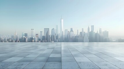 White background with large square empty floor in front of the city skyline of newyork during daytime, clear sky, blue and grey tones, city center architecture.