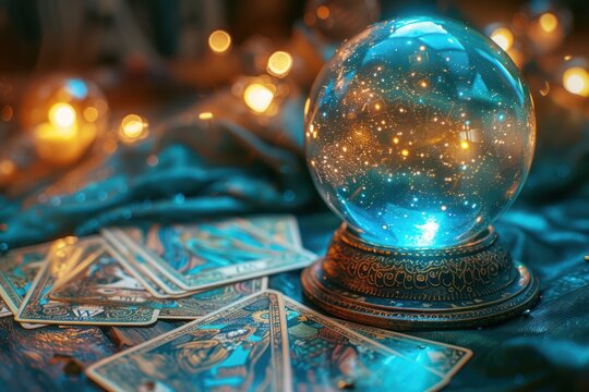 Mystical crystal ball and tarot cards with glowing lights, creating a magical atmosphere for fortune telling and divination.