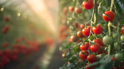 Obraz premium Capital photography style, panoramic view of tomatoes growing in greenhouses. highlights organic farming and food production.
