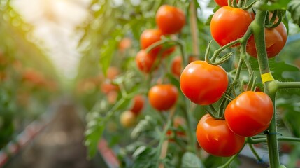 Obraz premium Capital photography style, panoramic view of tomatoes growing in greenhouses. highlights organic farming and food production.