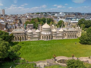 Naklejka premium The drone aerial view of The Royal Pavilion.The Royal Pavilion and surrounding gardens, also known as the Brighton Pavilion, is a Grade I listed former royal residence in Brighton, England.