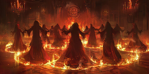 Coven of the Damned: Ritualistic Dance Amidst Flickering Candlelight and Ancient Symbols (Crimson Red).