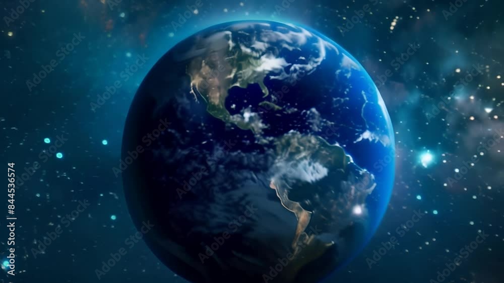 Aufkleber View of Earth from outer space with visible continents and illuminated cities. High-resolution digital artwork with starry background. Astronomy and space exploration concept.