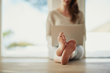 Remote work, feet or woman with laptop in house for email communication, planning or b2b networking. Freelance, pc or writer online for elearning registration, sign up or upskill journalism course