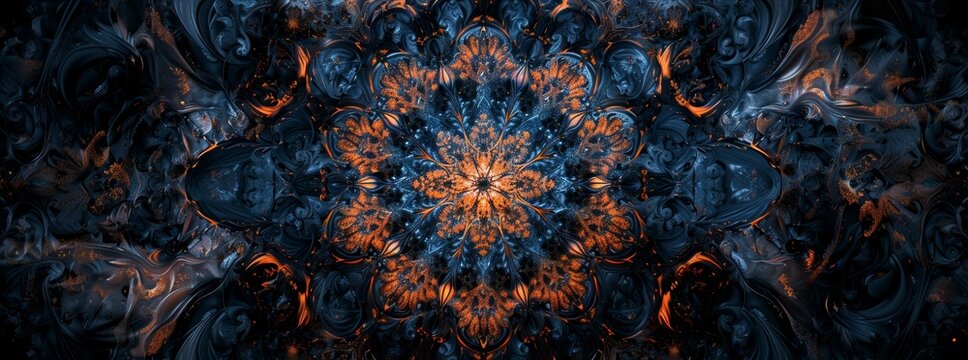 A digital art piece featuring abstract blue and orange swirling patterns that create a complex and intricate mandala