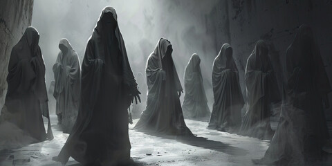 Shadowy Encounters: Cloaked Figures Convene for a Mysterious Cult Gathering (Slate Gray)