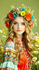 a young woman with wavy hair adorned with a flower