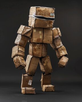 3D videogame animation upper body portrait of a creature made entirely of cardboard boxes, in a wrestling fight position, squared in its shape, only made of cardboard boxes boxes, bubble wrap and