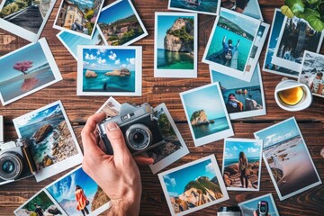 A collection of stunning travel photographs laid out on a wooden table with a traveler hand pointing to a favorite shot