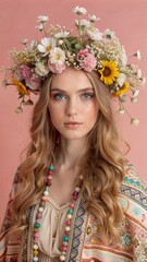 Fototapeta premium a young woman with wavy hair adorned with a flower