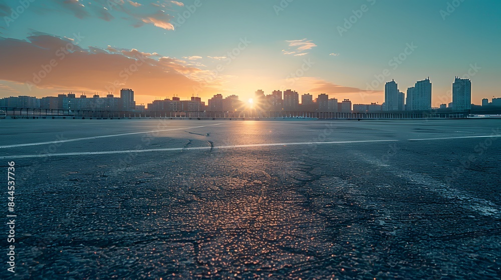 Wall mural empty asphalt road with city skyline and blue sky background at sunset.