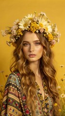a young woman with wavy hair adorned with a flower
