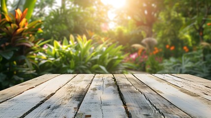Empty white wooden table top with blur background of garden and sun light for product display montage, panoramic banner template.
