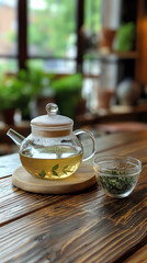 Herbal Tea in a Clear Glass Cup with Fresh Mint Leaves on a Sunlit Wooden Table