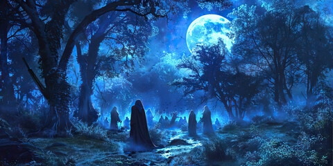 Cult of the Moonlit Grove: Cloaked Figures Performing Ancient Rituals Under Moonlight