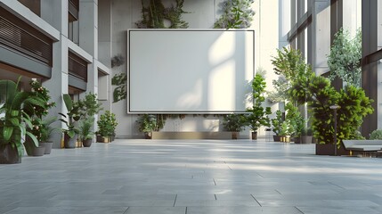 A big white blank empty advertising mockup for outdoor display with a modern tv screen in a building hall.