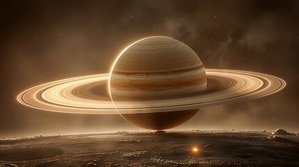  An artist's depiction of the solar system with Saturn prominently displayed in the front