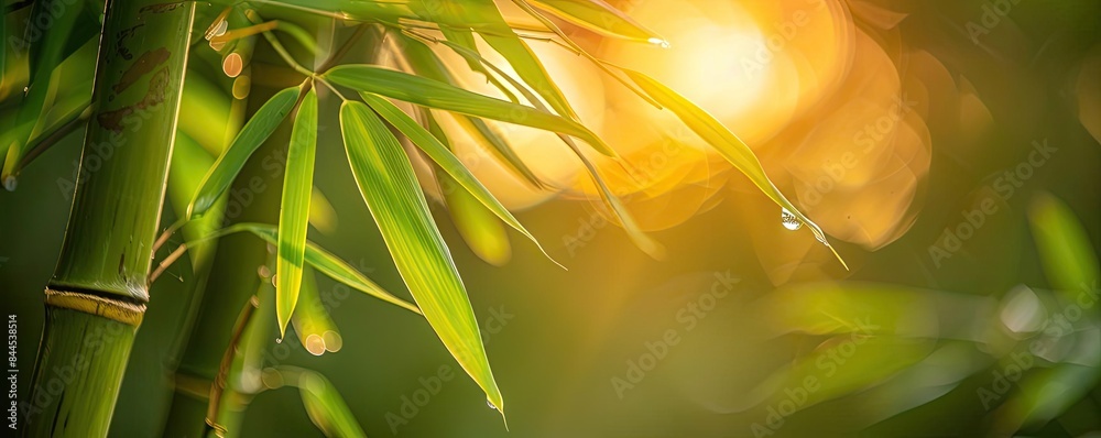Poster close-up of bamboo leaves with sunlight shining through, creating a serene and tranquil atmosphere i