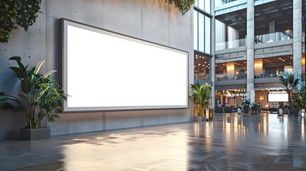 A big white blank empty advertising mockup for outdoor display with a modern tv screen in a building hall.