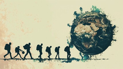 A minimalistic abstract illustration of a globe with figures carrying backpacks, representing global refugee issues. 