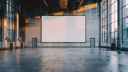 A big white blank empty advertising mockup for outdoor display with a modern tv screen in a building hall.