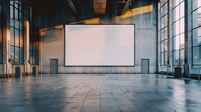 A big white blank empty advertising mockup for outdoor display with a modern tv screen in a building hall.