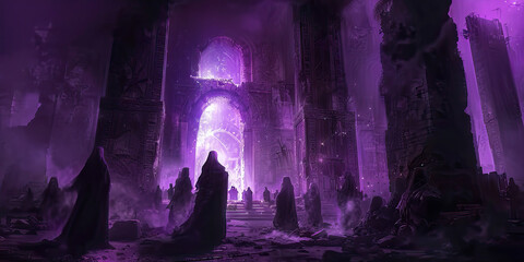 Midnight Rituals: Darkened Sanctum of Chanting Cultists, Enveloped in Mysterious Shadows