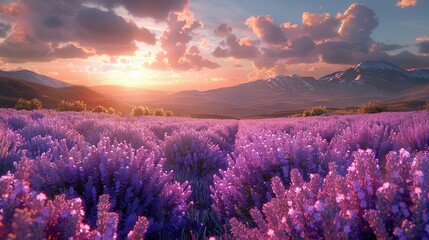   A lavender field in front of mountains with sunset in the background and clouds above