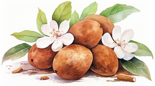 A watercolor of sapodilla clipart, isolated on white background