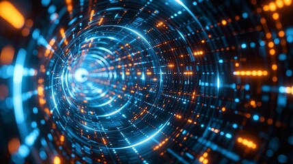 A digitally created abstract image featuring a swirling blue light tunnel with a blurred orange background