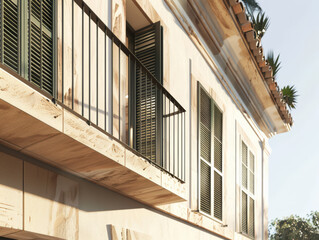 Fototapeta premium Stylish modern house facade with natural elements and elegant design. Architectural home composition.