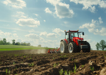Obraz premium Tractor Plowing a Field on a Bright Sunny Spring Day with Clouds