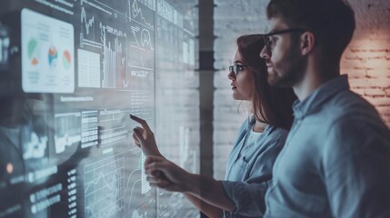 Next-Gen Business Tactics: Team Engages with Holographic Interface for Data Analysis and Trade Direction Planning