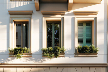 Stylish modern house facade with natural elements and elegant design. Architectural home composition.