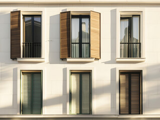 Fototapeta premium Stylish modern house facade with natural elements and elegant design. Architectural home composition.