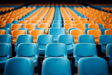 Fototapeta premium Blue and orange stadium seats arranged in rows, depicting an empty sports venue