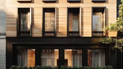 Fototapeta premium Stylish modern house facade with natural elements and elegant design. Architectural home composition.