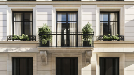 Fototapeta premium Stylish modern house facade with natural elements and elegant design. Architectural home composition.