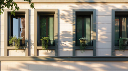 Stylish modern house facade with natural elements and elegant design. Architectural home composition.