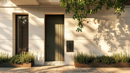 Stylish modern house facade with natural elements and elegant design. Architectural home composition.