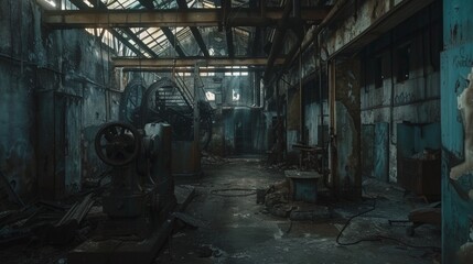 A dark, abandoned industrial building with rusted machinery