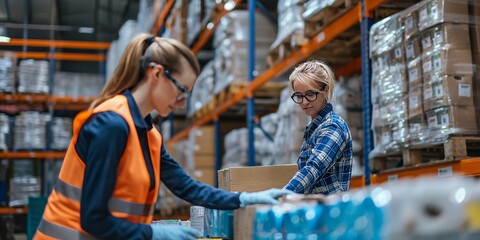 Two women diligently work in a warehouse environment, organizing and handling boxes with focused expressions, exemplifying hard work, dedication, and attention to detail in their tasks.