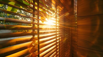 On window blinds with sunlight shining through the slats, symbolizing energy efficiency and ecofriendly home design. creating a warm glow in an indoor setting.