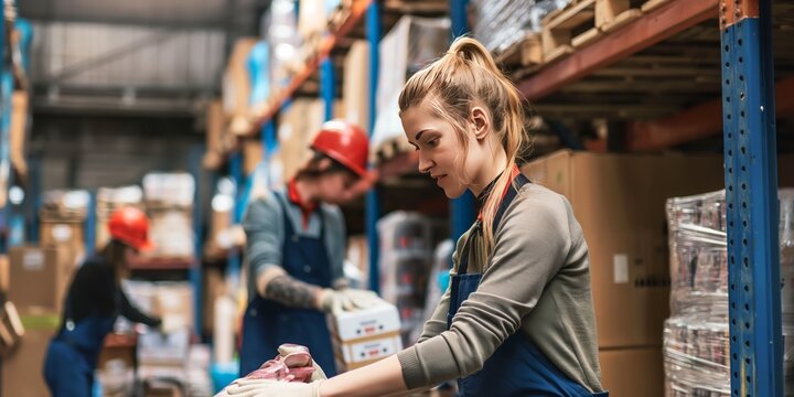 Warehouse workers efficiently managing and stacking inventory in an organized, industrial setting with shelves filled with various boxed products, all actively working.