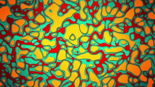 Abstract spots and lines from colored paper cut out artistic background animation with complex patterns. Similar to a topographic map with liquid layers. Seamless looping animation