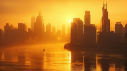 Fototapeta premium Serene Sunrise Over City: Panoramic Cityscape with Silhouetted Skyscrapers, Misty River, and Golden Sunlight